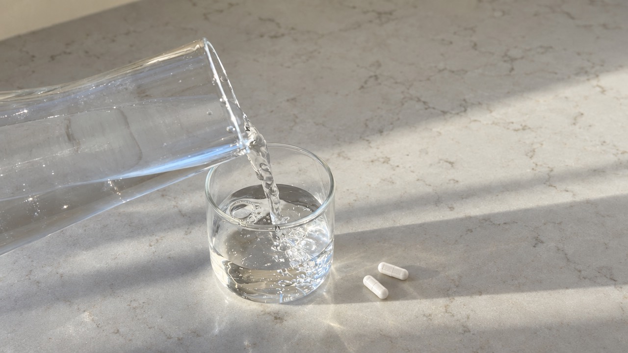 Water pouring into a glass beside two Santo Salt capsules on a sunlit stone surface